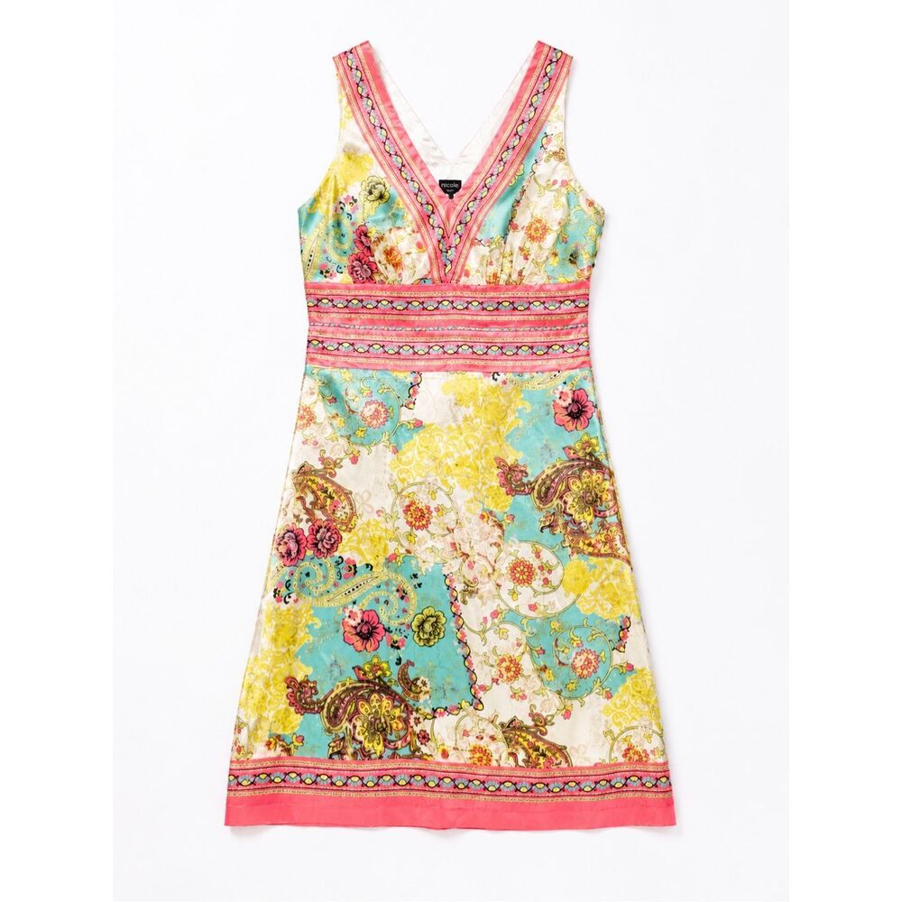 Nicole Miller Silk Blend Paisley Floral Sleeveless Dress Size 4 Boho Y2K